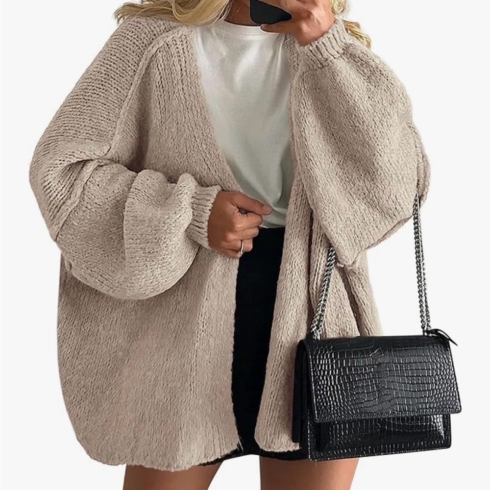 Cozy Open-Front Balloon Sleeve Cardigan - Beige